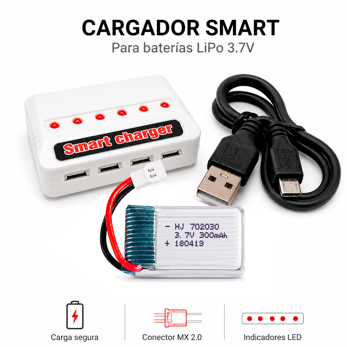 Cargador USB para 6 Baterías LiPo 3.7V MX2.0 | S103D00 | Carga Simultánea para Drone V4 SERINSY 3D
