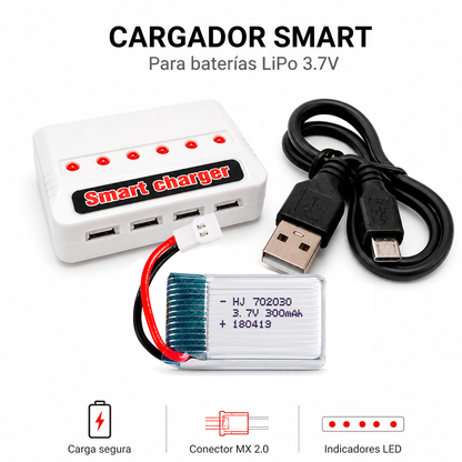 Cargador USB para 6 Baterías LiPo 3.7V MX2.0 | S103D00 | Carga Simultánea para Drone V4 SERINSY 3D