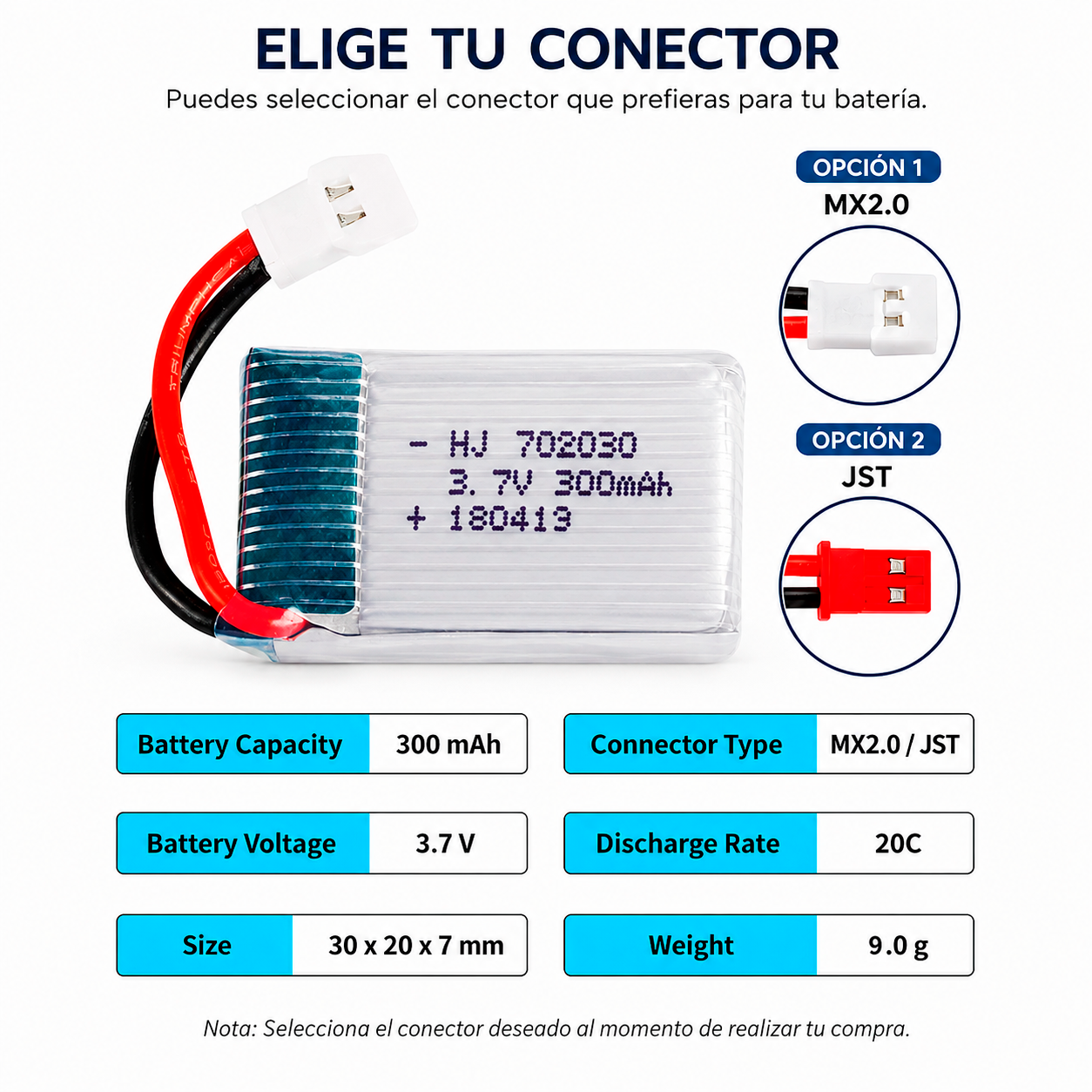 Batería LiPo 3.7V 300mAh 702030 | S103D02 | con Conector JST o MX2.0 | Para Mini Drones y Arduino