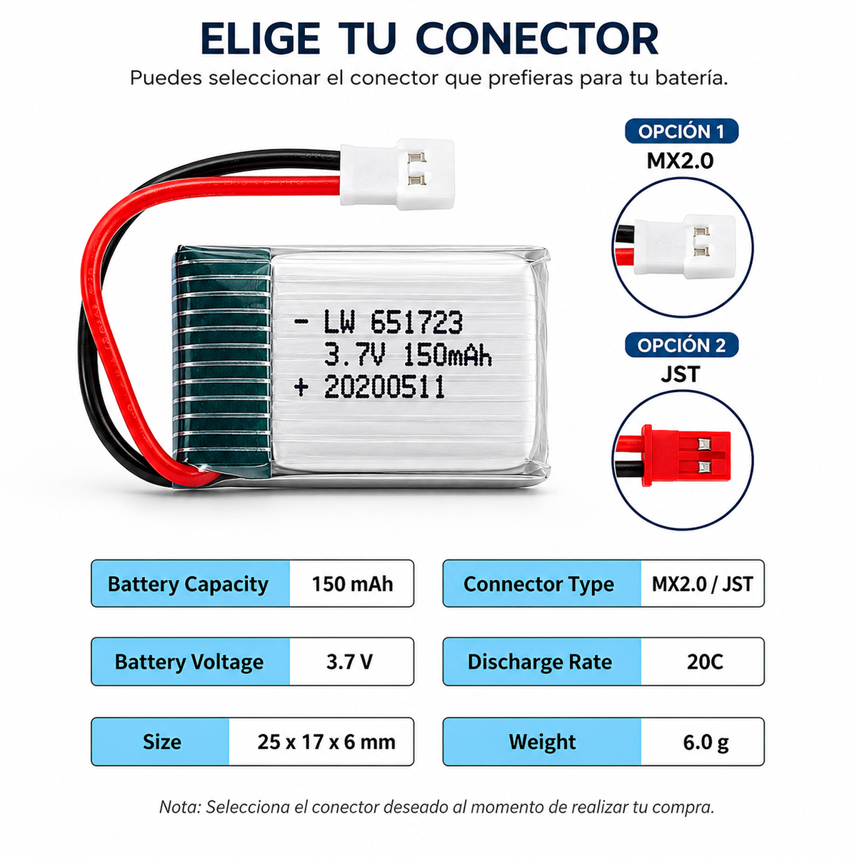 Batería LiPo 3.7V 150mAh 651723 | S103D14 | con Conector JST o MX2.0 | Para Mini Drones y Wearables