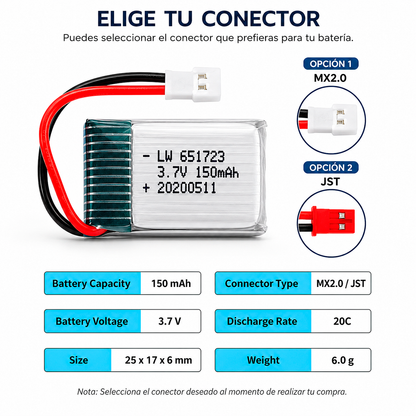 Batería LiPo 3.7V 150mAh 651723 | S103D14 | con Conector JST o MX2.0 | Para Mini Drones y Wearables